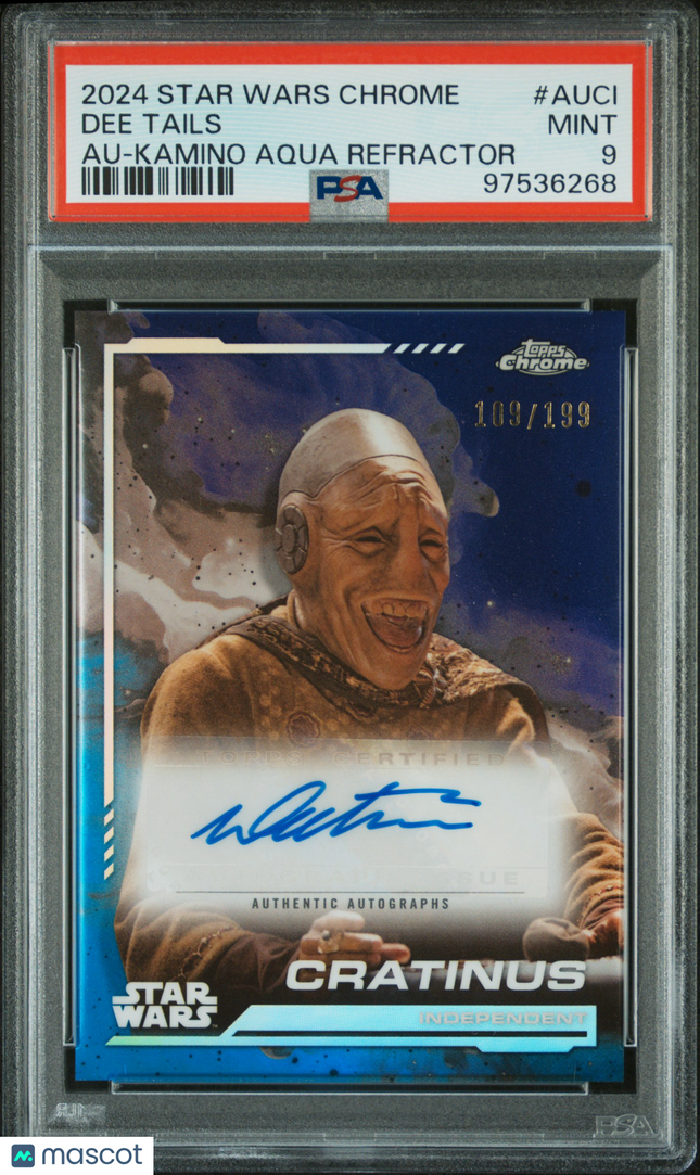 2024 Topps Chrome Star Wars Auto Dee Tails as Cratinus Aqua /199 PSA 9