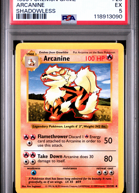 1999 Pokemon Game Arcanine Shadowless PSA 5 #23