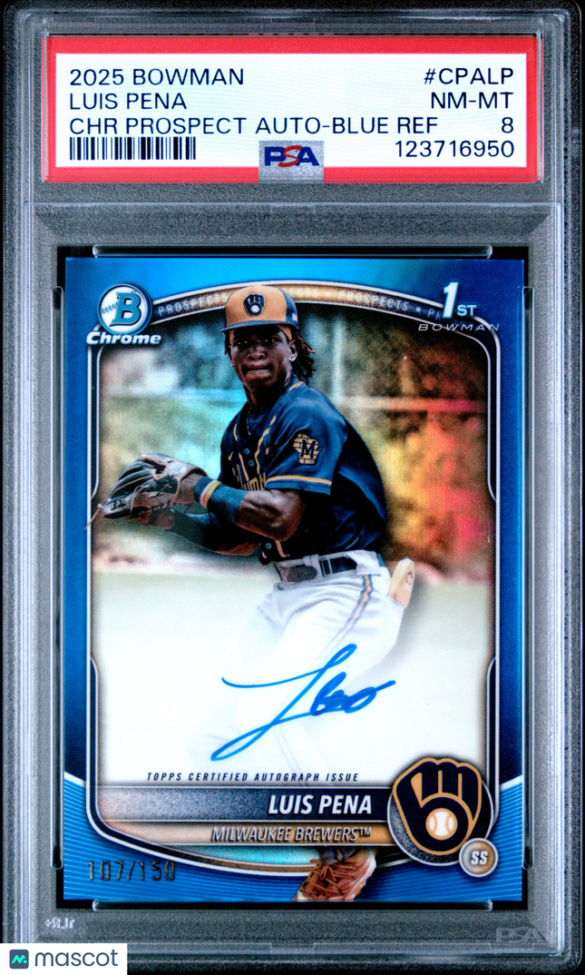 2025 Bowman Chrome Prospect Autographs Luis Pena #CPALP Blue Ref 107/150 PSA 8