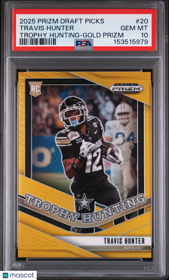 2025 Panini Prizm Draft Picks Trophy Hunting Travis Hunter #20 Gold /10 PSA 10
