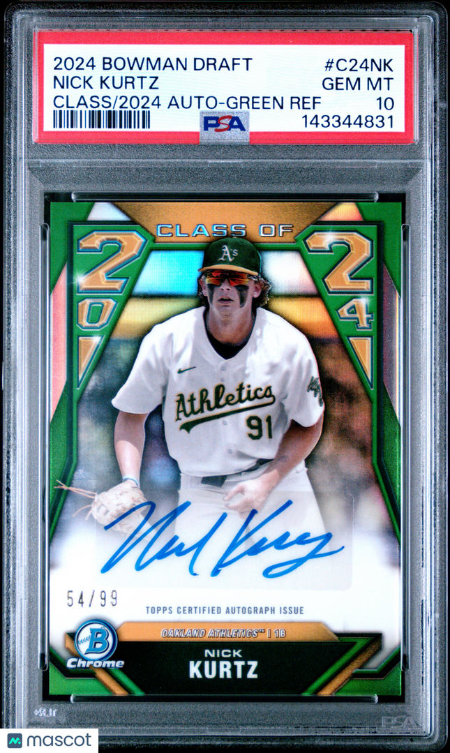 2024 Bowman Draft Class Of 2024 Nick Kurtz #C24NK Green Ref 54/99 PSA 10 Auto