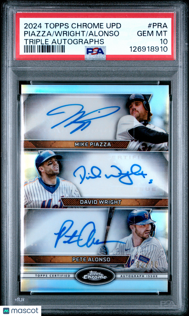 2024 Topps Chrome Auto Pete Alonso David Wright Mike Piazza #PRA /10 PSA 10