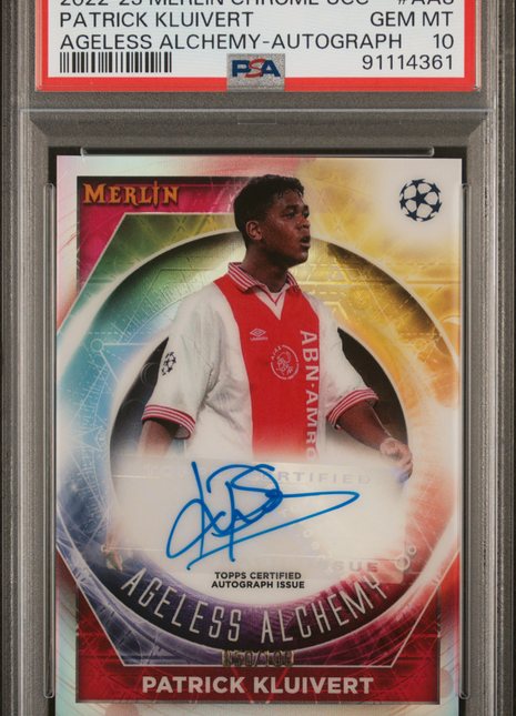 2022-23 Topps Merlin Chrome Ageless Alchemy Auto Patrick Kluivert PSA 10