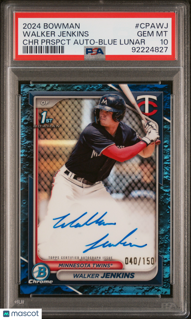 2024 Bowman Chrome Prospect Walker Jenkins #CPAWJ Blue Lunar 040/150 PSA 10 Auto
