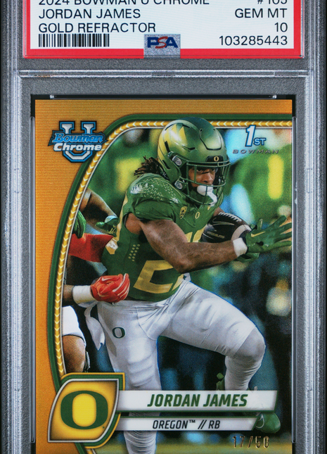 2024 Bowman University Chrome Jordan James #105 Gold Refractor PSA 10