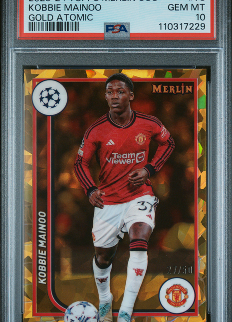2023-24 Topps Merlin UEFA Club Competitions Kobbie Mainoo #78 Gold Atomic PSA 10