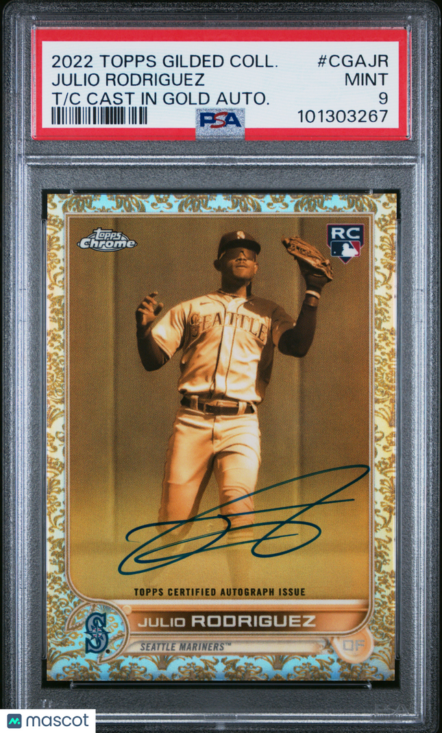 2022 Topps Gilded Chrome Cast In Gold /199 Julio Rodriguez #CGAJR PSA 9 Auto