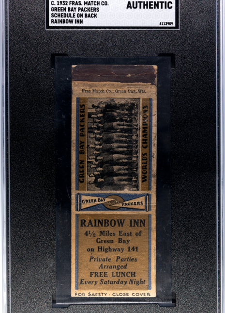 1932 Fras. Match Co. Green Bay Packers Schedule On Back Rainbow Inn SGC A