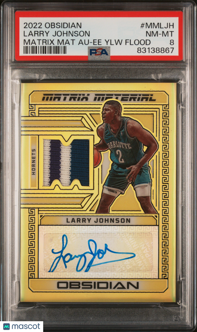 2022 Panini Obsidian Matrix Auto Larry Johnson #MMLJH Yellow Flood PSA 8 /10