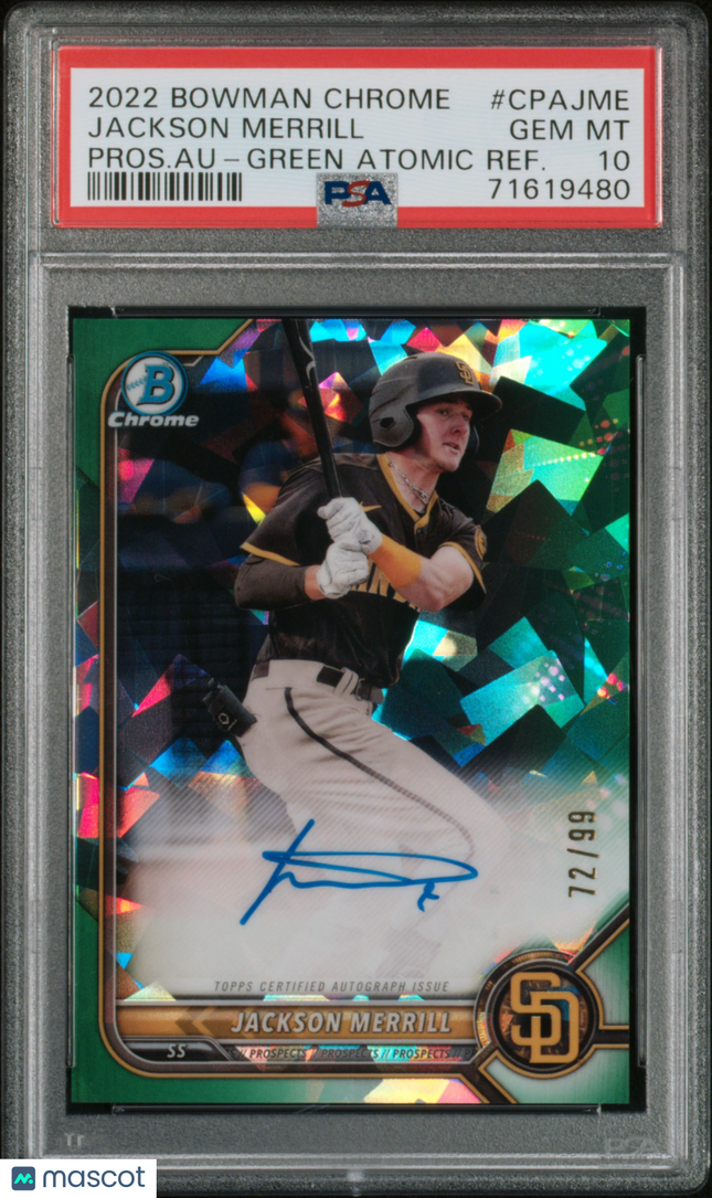2022 Bowman Chrome Jackson Merrill Green Atomic Refractor /99 PSA 10 Auto
