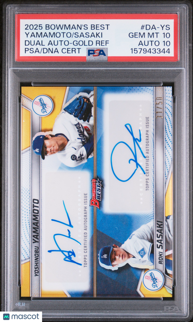 2025 Bowman's Best Yoshinobu Yamamoto Roki Sasaki Gold Ref /50 PSA 10 Auto 10