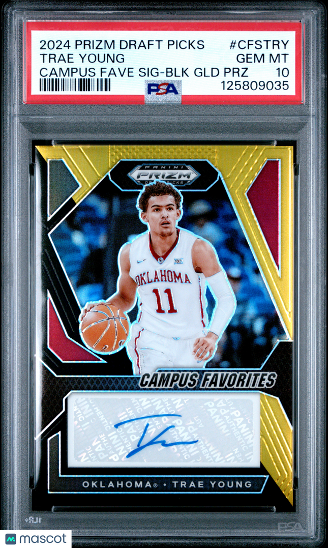 2024 Panini Prizm Campus Favorites Trae Young #CFSTRY Black Gold Auto /5 PSA 10