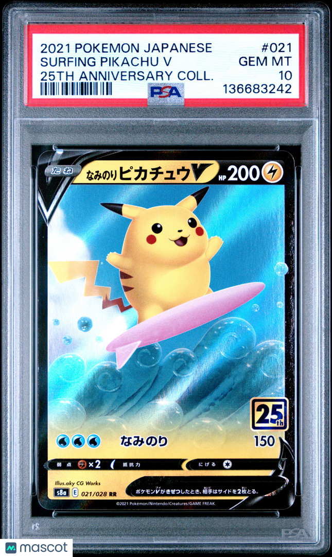 2021 Pokemon Japanese 25th Anniversary Collection Surfing Pikachu V PSA 10 #021