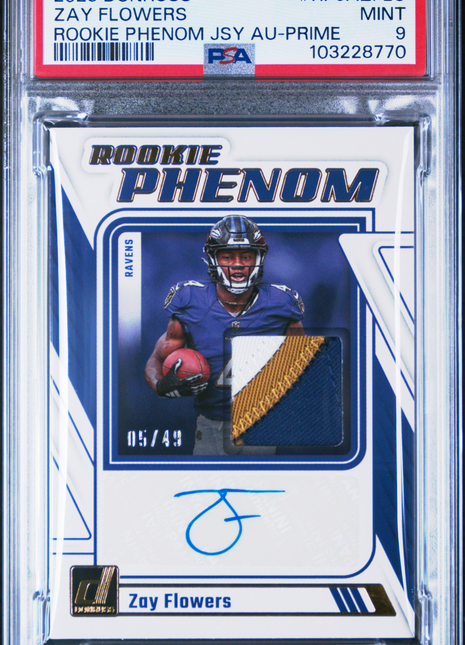 2023 Panini Donruss Rookie Phenom Patch auto Zay Flowers #RPJAZFLO /49 PSA 9