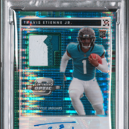2021 Contenders Optic Rc Patch Auto Travis Etienne Green Pulsar PSA 9 Auto /15