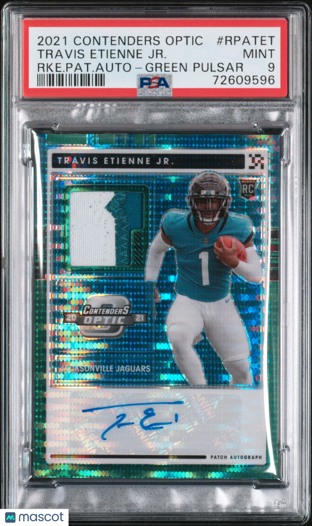 2021 Contenders Optic Rc Patch Auto Travis Etienne Green Pulsar PSA 9 Auto /15
