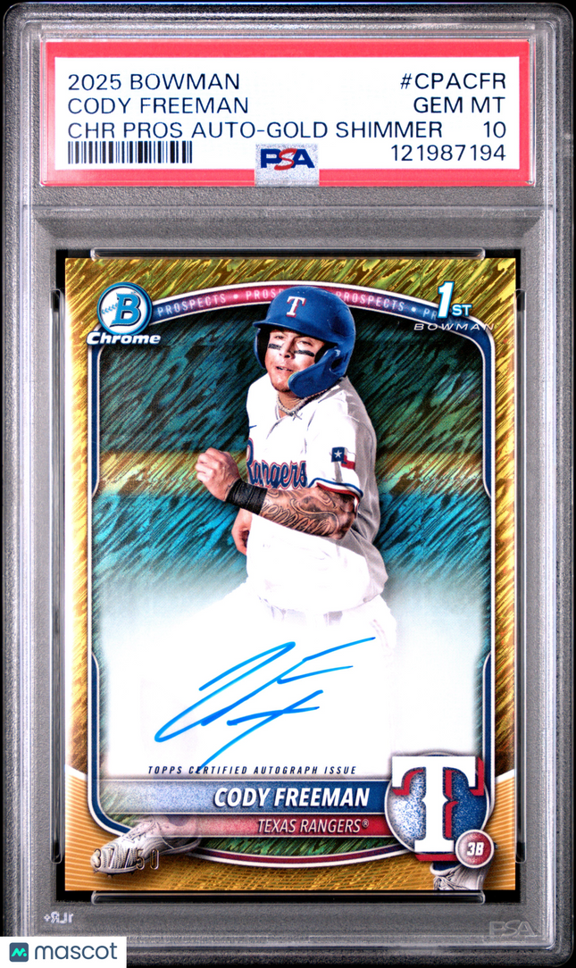 2025 Bowman Chrome Cody Freeman #CPACFR Gold Shimmer /50 PSA 10 Auto